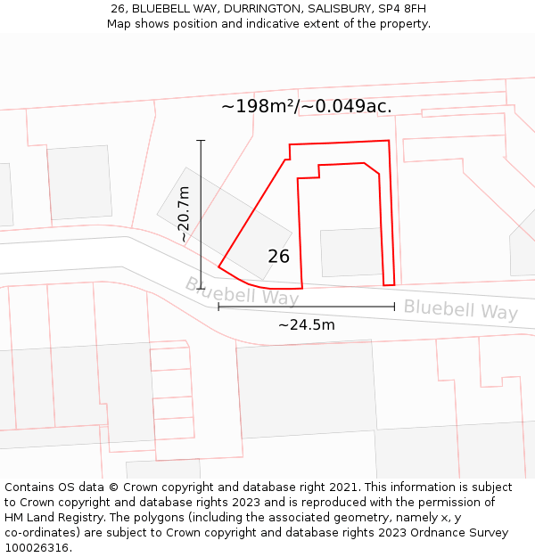 26, BLUEBELL WAY, DURRINGTON, SALISBURY, SP4 8FH: Plot and title map