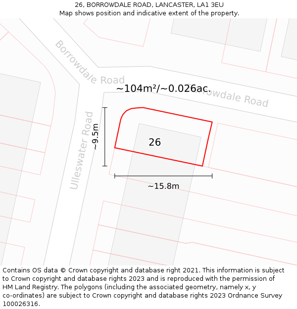 26, BORROWDALE ROAD, LANCASTER, LA1 3EU: Plot and title map