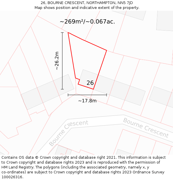 26, BOURNE CRESCENT, NORTHAMPTON, NN5 7JD: Plot and title map
