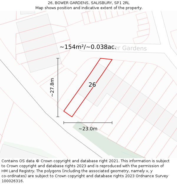 26, BOWER GARDENS, SALISBURY, SP1 2RL: Plot and title map