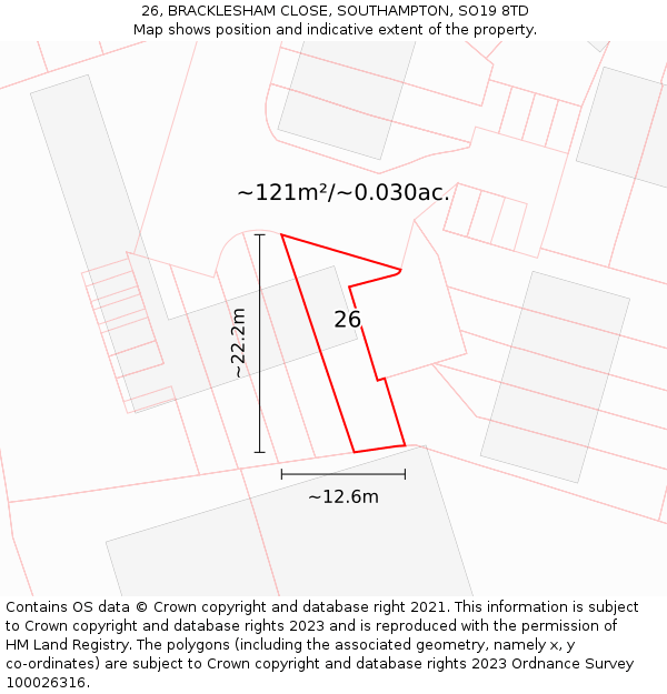 26, BRACKLESHAM CLOSE, SOUTHAMPTON, SO19 8TD: Plot and title map