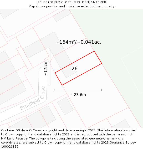 26, BRADFIELD CLOSE, RUSHDEN, NN10 0EP: Plot and title map