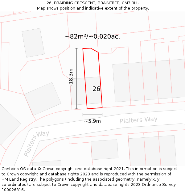26, BRAIDING CRESCENT, BRAINTREE, CM7 3LU: Plot and title map