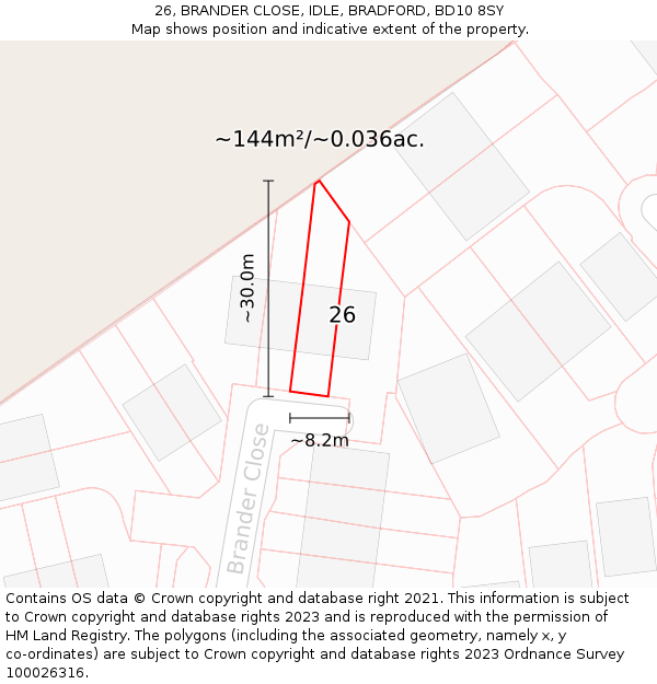 26, BRANDER CLOSE, IDLE, BRADFORD, BD10 8SY: Plot and title map