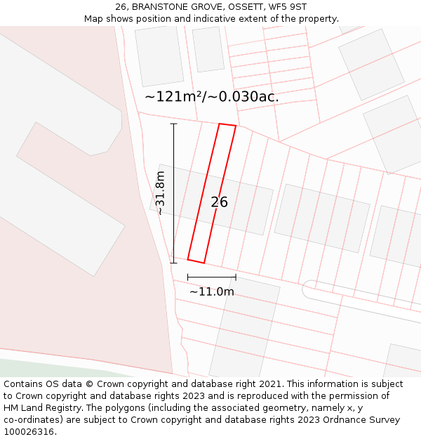 26, BRANSTONE GROVE, OSSETT, WF5 9ST: Plot and title map