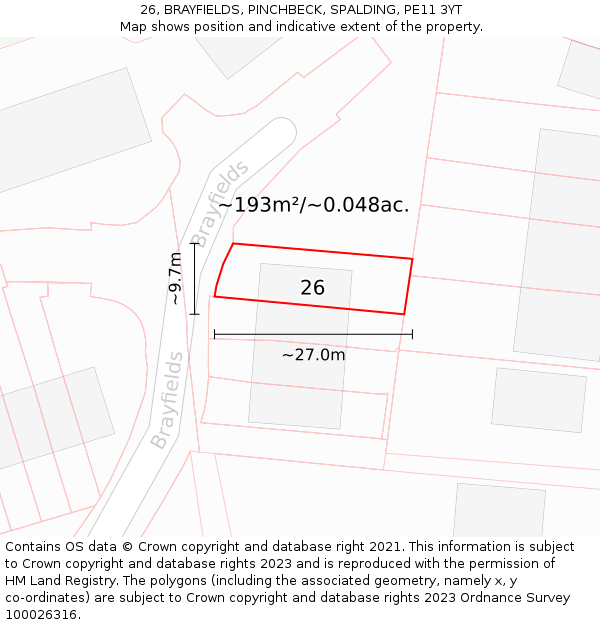 26, BRAYFIELDS, PINCHBECK, SPALDING, PE11 3YT: Plot and title map