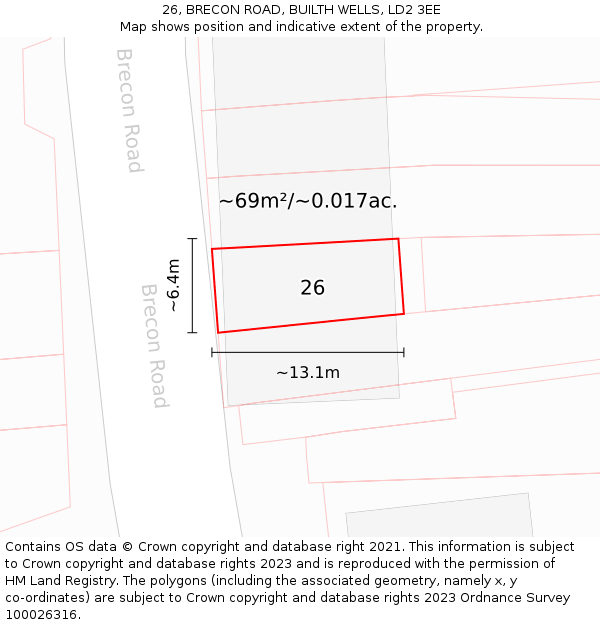 26, BRECON ROAD, BUILTH WELLS, LD2 3EE: Plot and title map