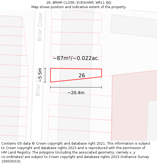 26, BRIAR CLOSE, EVESHAM, WR11 4JQ: Plot and title map