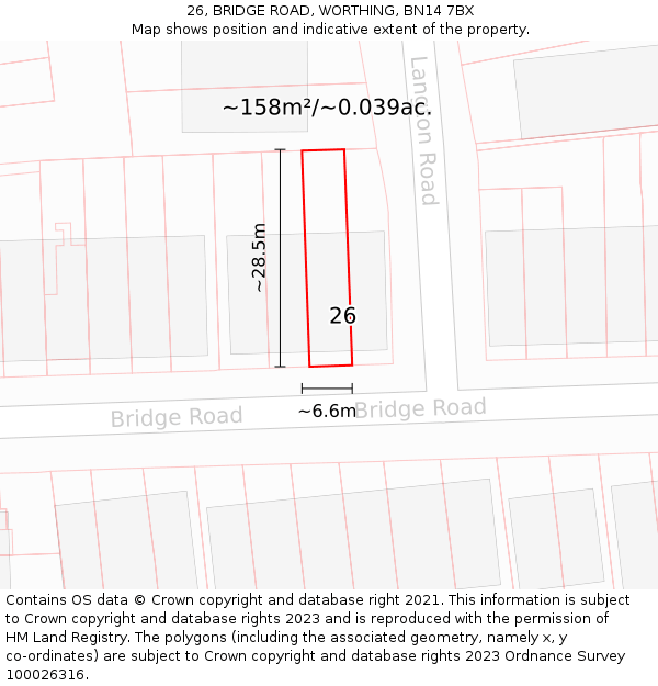 26, BRIDGE ROAD, WORTHING, BN14 7BX: Plot and title map