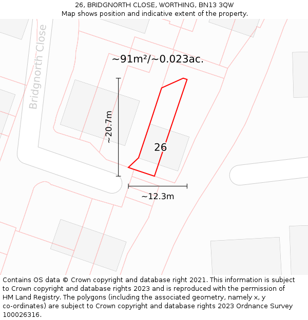 26, BRIDGNORTH CLOSE, WORTHING, BN13 3QW: Plot and title map