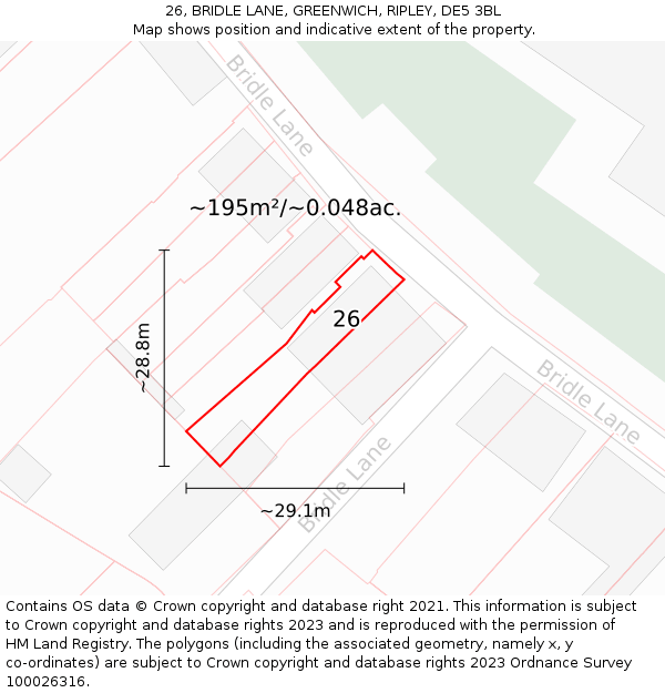 26, BRIDLE LANE, GREENWICH, RIPLEY, DE5 3BL: Plot and title map