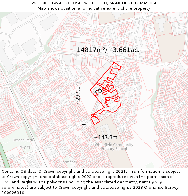 26, BRIGHTWATER CLOSE, WHITEFIELD, MANCHESTER, M45 8SE: Plot and title map