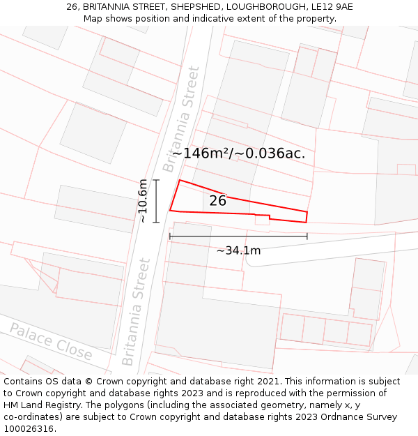 26, BRITANNIA STREET, SHEPSHED, LOUGHBOROUGH, LE12 9AE: Plot and title map