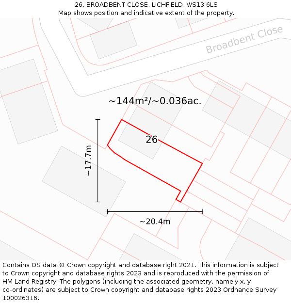 26, BROADBENT CLOSE, LICHFIELD, WS13 6LS: Plot and title map