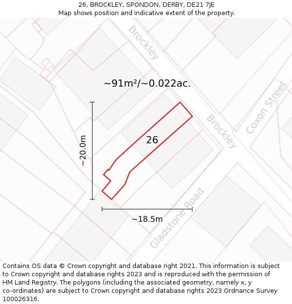26, BROCKLEY, SPONDON, DERBY, DE21 7JE: Plot and title map