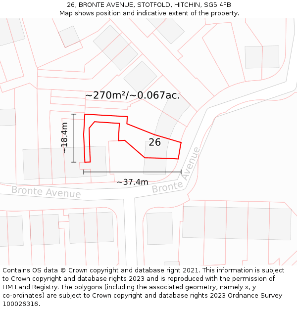 26, BRONTE AVENUE, STOTFOLD, HITCHIN, SG5 4FB: Plot and title map