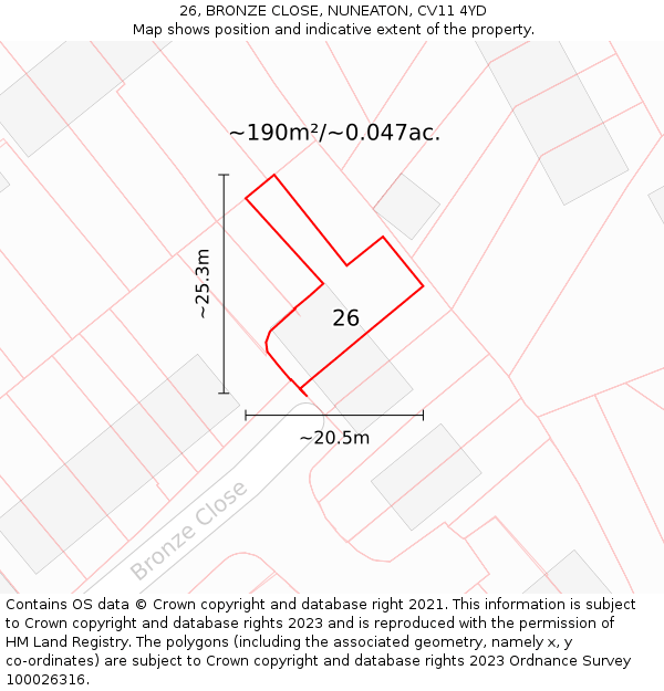 26, BRONZE CLOSE, NUNEATON, CV11 4YD: Plot and title map