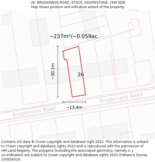 26, BROOKMANS ROAD, STOCK, INGATESTONE, CM4 9DB: Plot and title map