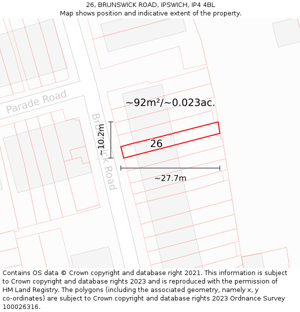 26, BRUNSWICK ROAD, IPSWICH, IP4 4BL: Plot and title map