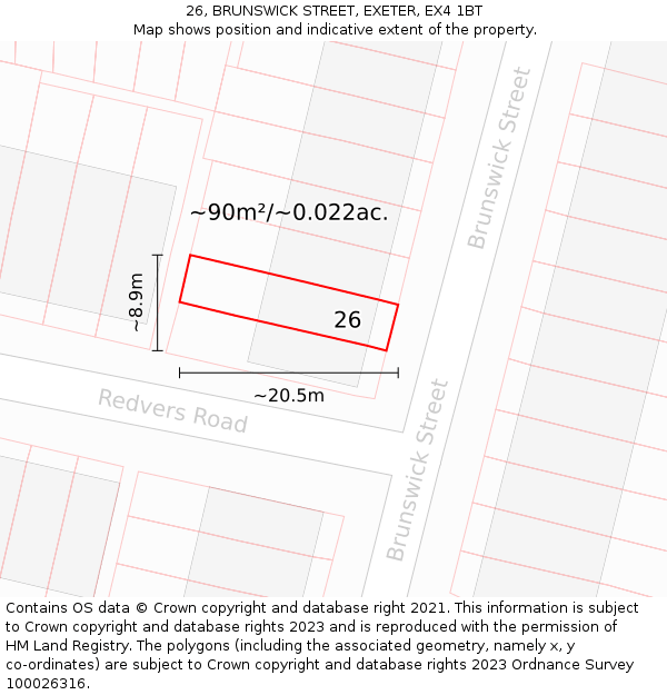 26, BRUNSWICK STREET, EXETER, EX4 1BT: Plot and title map