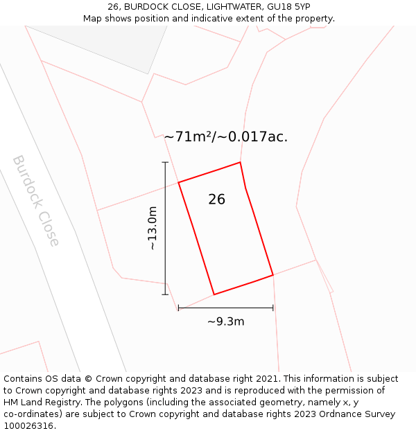 26, BURDOCK CLOSE, LIGHTWATER, GU18 5YP: Plot and title map
