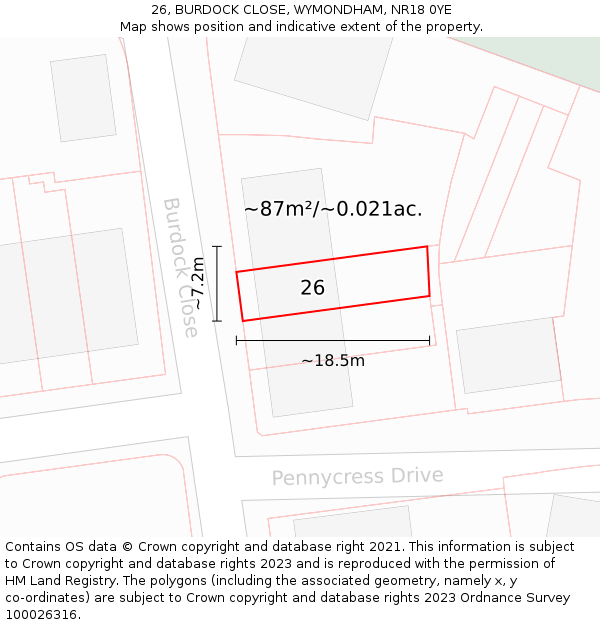 26, BURDOCK CLOSE, WYMONDHAM, NR18 0YE: Plot and title map