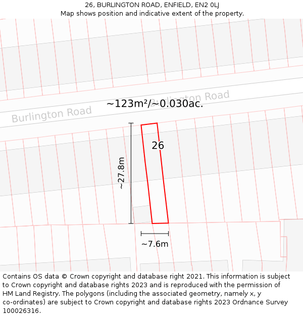 26, BURLINGTON ROAD, ENFIELD, EN2 0LJ: Plot and title map