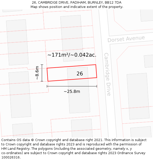 26, CAMBRIDGE DRIVE, PADIHAM, BURNLEY, BB12 7DA: Plot and title map