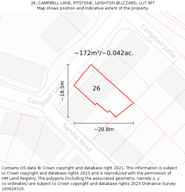 26, CAMPBELL LANE, PITSTONE, LEIGHTON BUZZARD, LU7 9FT: Plot and title map