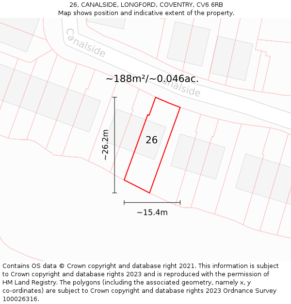 26, CANALSIDE, LONGFORD, COVENTRY, CV6 6RB: Plot and title map