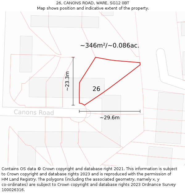 26, CANONS ROAD, WARE, SG12 0BT: Plot and title map