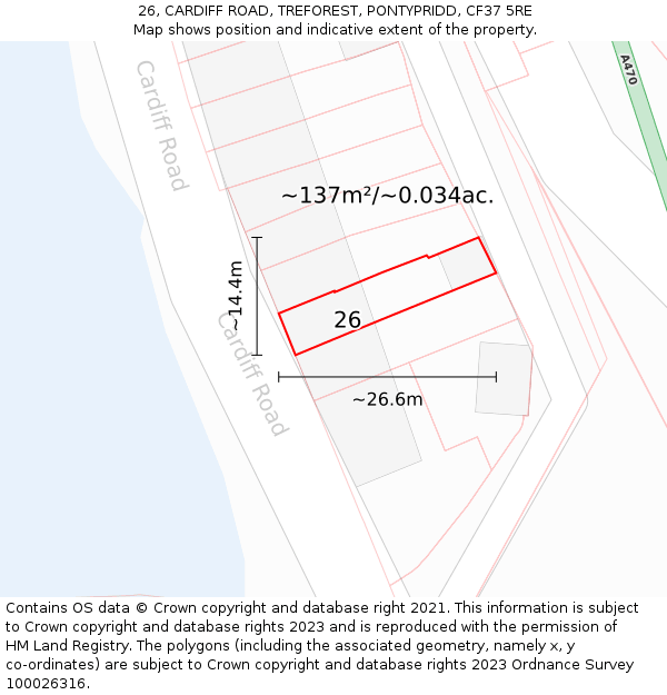 26, CARDIFF ROAD, TREFOREST, PONTYPRIDD, CF37 5RE: Plot and title map