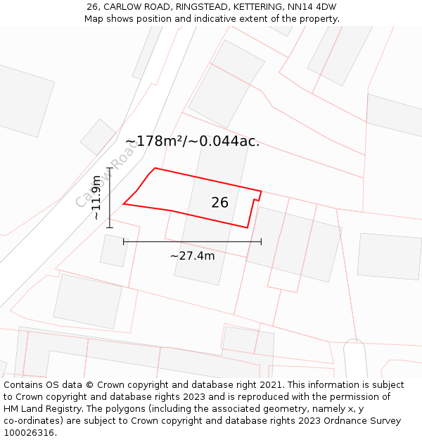26, CARLOW ROAD, RINGSTEAD, KETTERING, NN14 4DW: Plot and title map