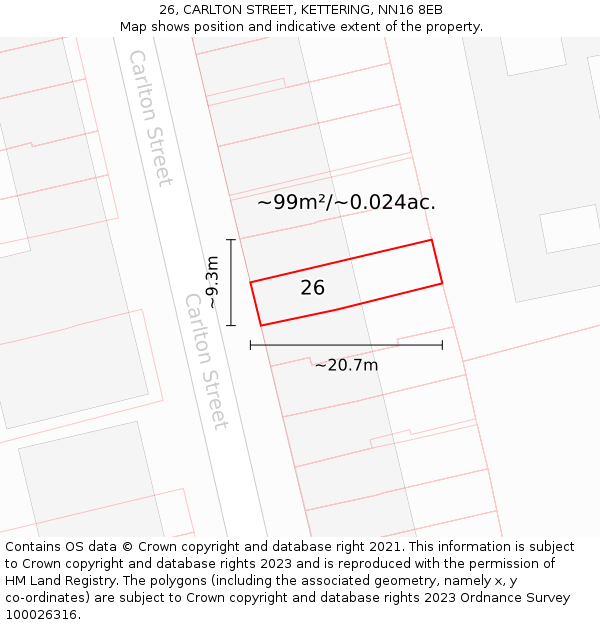 26, CARLTON STREET, KETTERING, NN16 8EB: Plot and title map