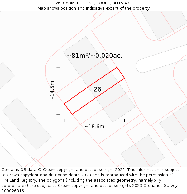 26, CARMEL CLOSE, POOLE, BH15 4RD: Plot and title map