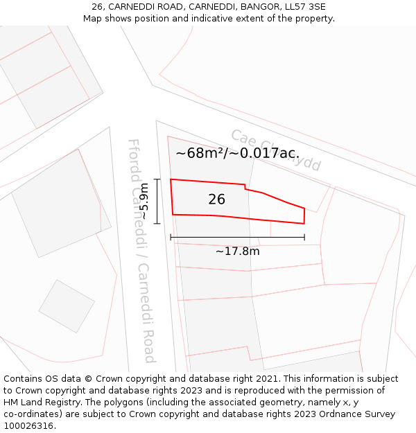 26, CARNEDDI ROAD, CARNEDDI, BANGOR, LL57 3SE: Plot and title map