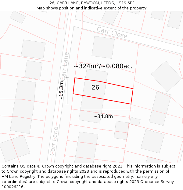 26, CARR LANE, RAWDON, LEEDS, LS19 6PF: Plot and title map