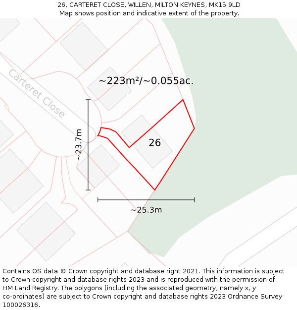 26, CARTERET CLOSE, WILLEN, MILTON KEYNES, MK15 9LD: Plot and title map
