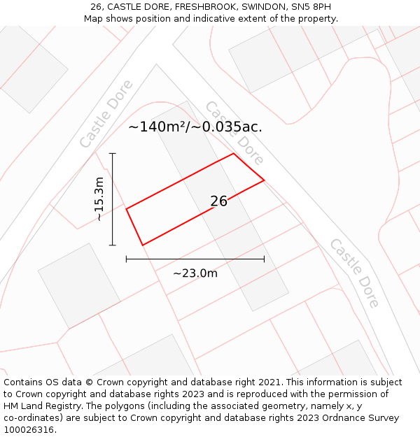 26, CASTLE DORE, FRESHBROOK, SWINDON, SN5 8PH: Plot and title map