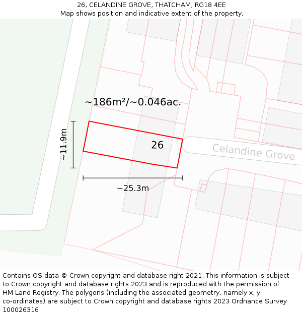 26, CELANDINE GROVE, THATCHAM, RG18 4EE: Plot and title map