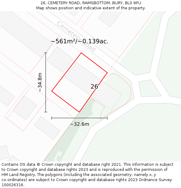26, CEMETERY ROAD, RAMSBOTTOM, BURY, BL0 9PU: Plot and title map