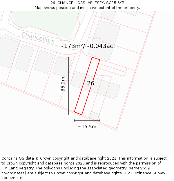 26, CHANCELLORS, ARLESEY, SG15 6YB: Plot and title map
