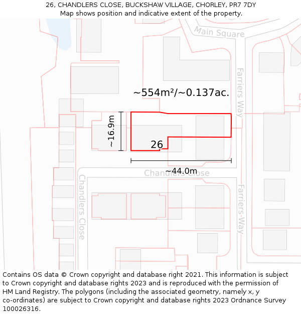 26, CHANDLERS CLOSE, BUCKSHAW VILLAGE, CHORLEY, PR7 7DY: Plot and title map