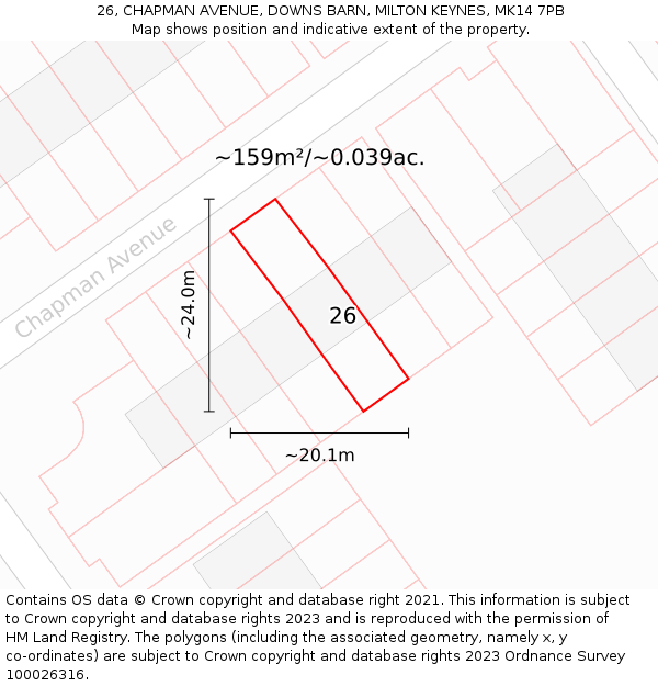 26, CHAPMAN AVENUE, DOWNS BARN, MILTON KEYNES, MK14 7PB: Plot and title map