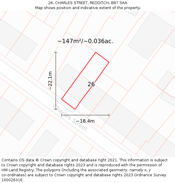 26, CHARLES STREET, REDDITCH, B97 5AA: Plot and title map