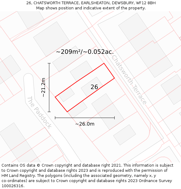 26, CHATSWORTH TERRACE, EARLSHEATON, DEWSBURY, WF12 8BH: Plot and title map