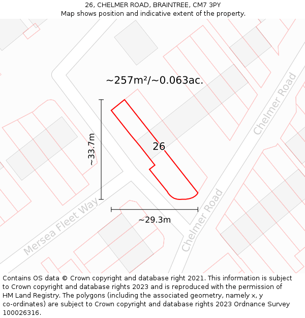26, CHELMER ROAD, BRAINTREE, CM7 3PY: Plot and title map