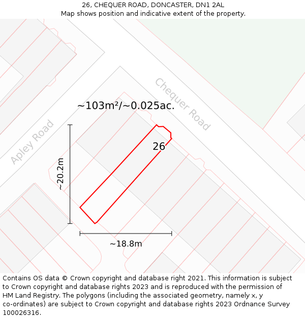 26, CHEQUER ROAD, DONCASTER, DN1 2AL: Plot and title map