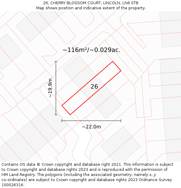 26, CHERRY BLOSSOM COURT, LINCOLN, LN6 0TB: Plot and title map