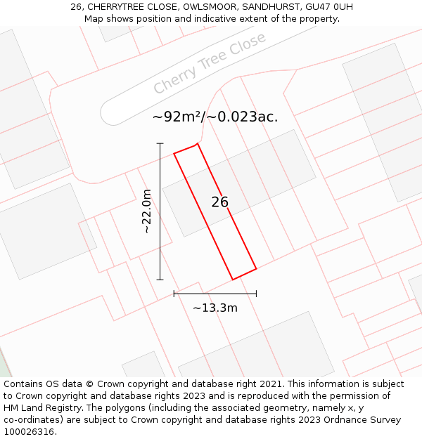26, CHERRYTREE CLOSE, OWLSMOOR, SANDHURST, GU47 0UH: Plot and title map